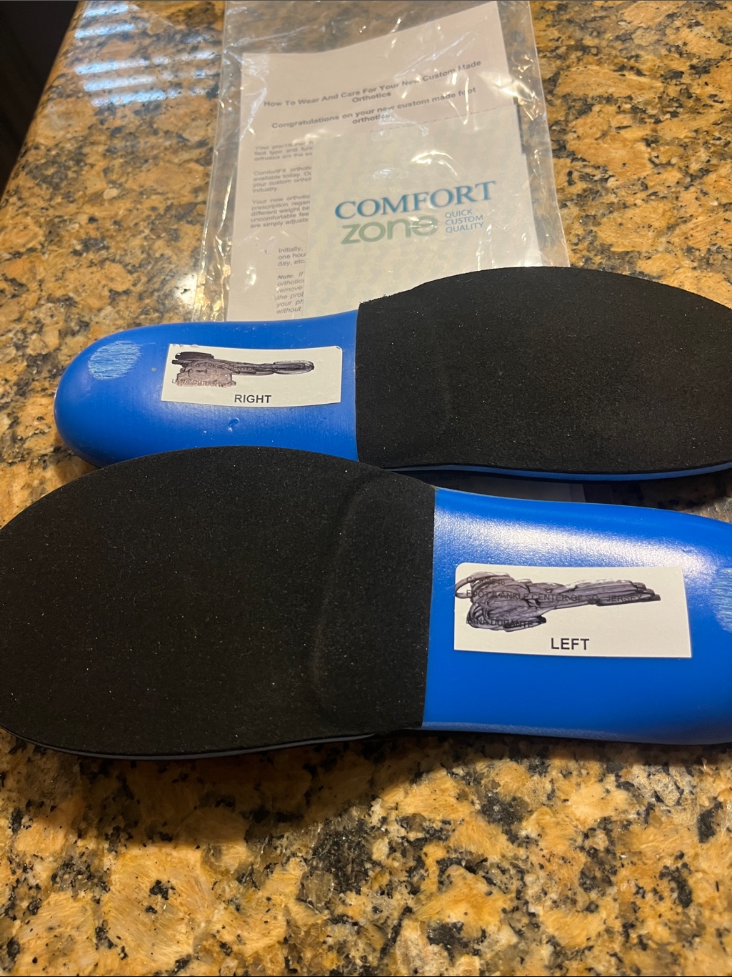 Comfort Zone Blue Orthotic Insole Pair With Black Cushion Tops
